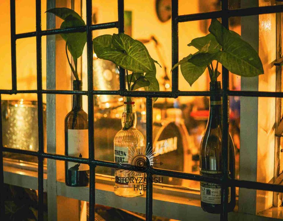 Eco-friendly pubs illustrated by plants in repurposed alcohol bottles on windowsill of bar